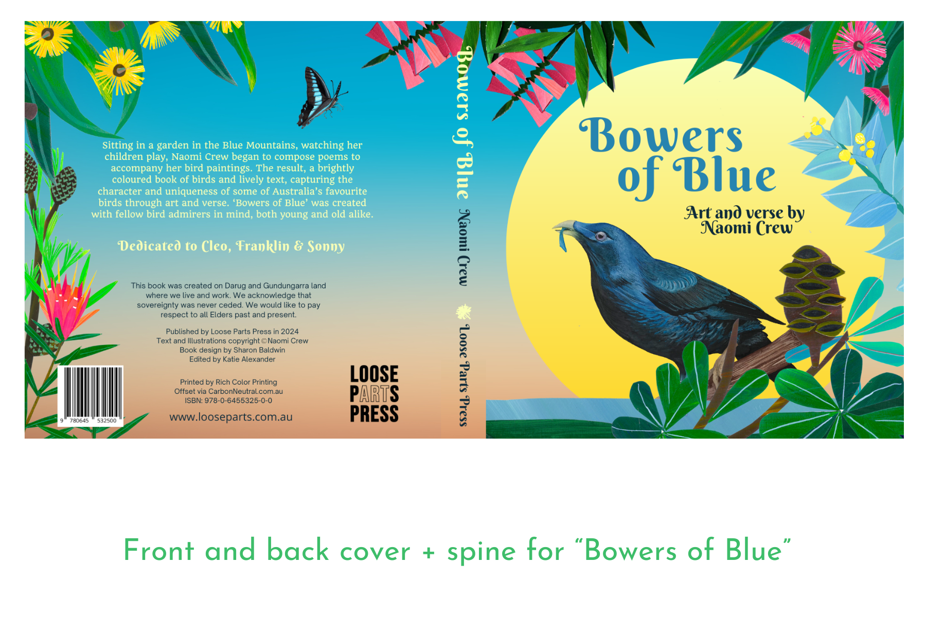 Front and back cover + spine for "Bowers of Blue"