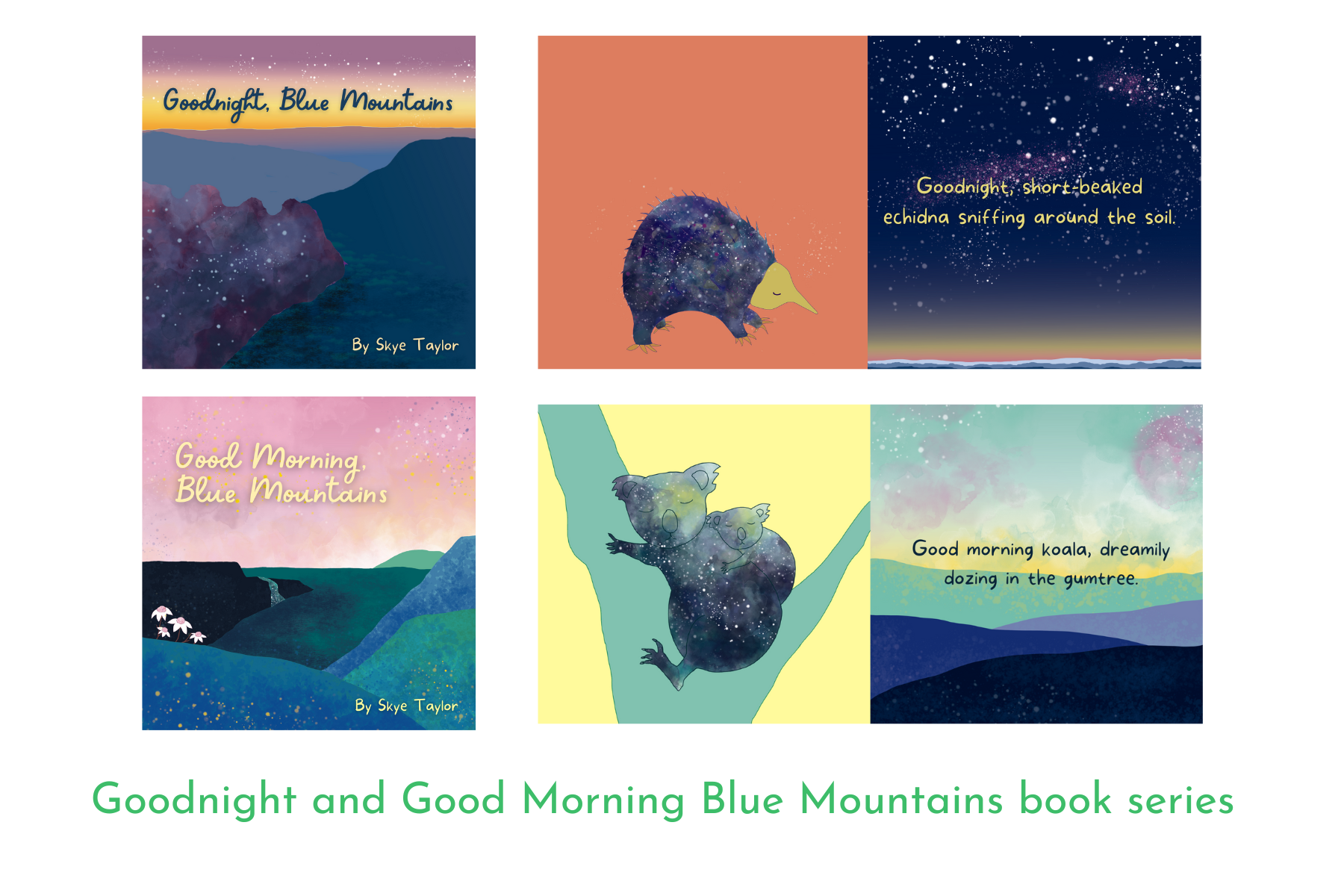 Covers and interior pages samples for Goodnight and Good Morning Blue Mountains