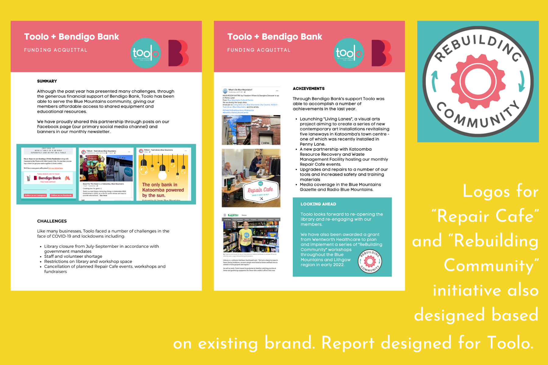 Report for Toolo with logos for "Repair Cafe" and "Rebuilding Community" designed based on Toolo's existing brand.
